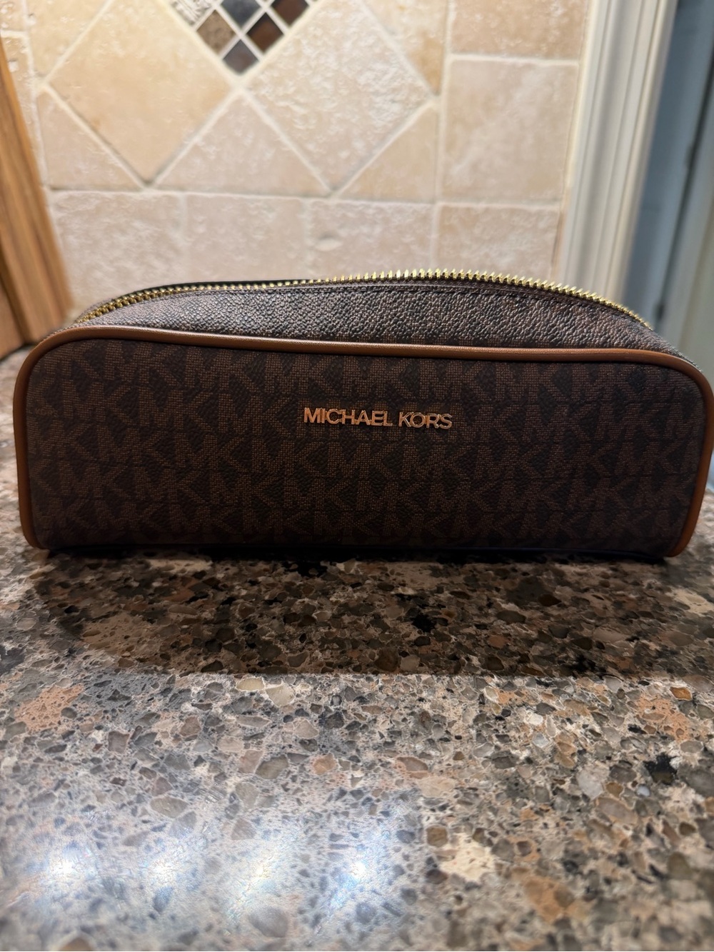 Michael Kors Brown MK Logo Coated Canvas Toiletry Bag